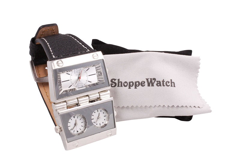 ShoppeWatch ساعة شوب ووتش للرجال بوجه كبير حجم زائد ثلاث مناطق زمنية متعددة القرص حزام جلد OM-165 - Image 4