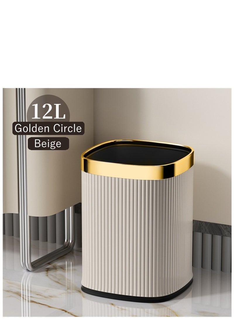 Home Trash Can, 12L Plastic Waste Bin with Leather Body Cover and Metal Circle, Square Kitchen Trash Bin Bathroom Wastebasket without Lid, for Home Office Kitchen and Dorm (Beige-Golden)  - Image 1