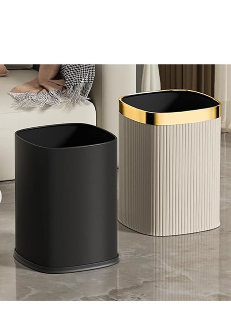 Home Trash Can, 12L Plastic Waste Bin with Leather Body Cover and Metal Circle, Square Kitchen Trash Bin Bathroom Wastebasket without Lid, for Home Office Kitchen and Dorm (Beige-Golden)  - Image 2