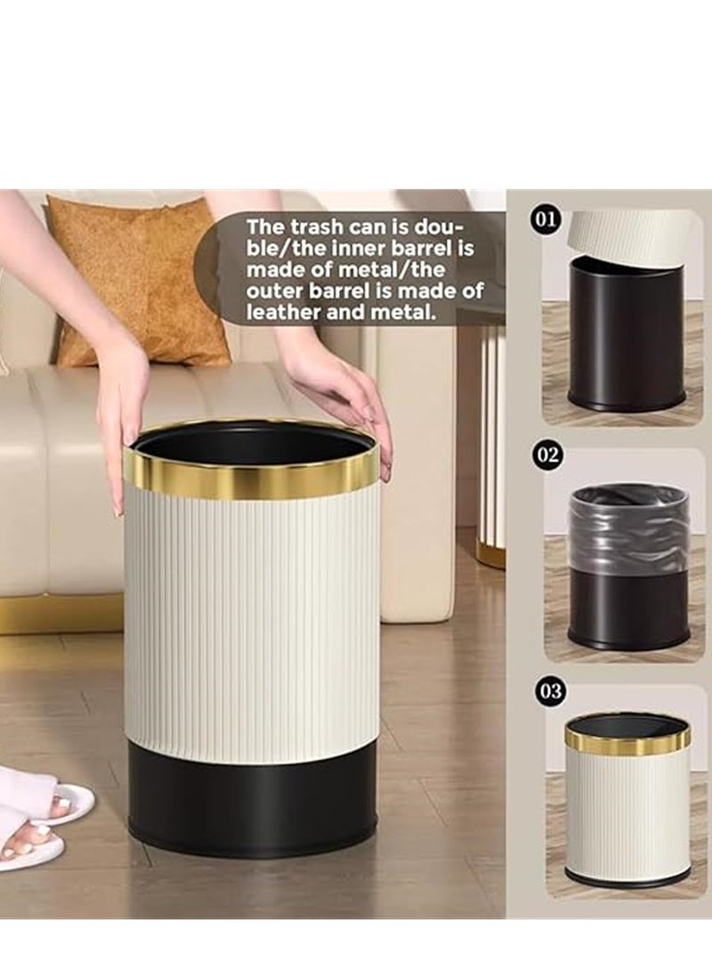 Home Trash Can, 12L Plastic Waste Bin with Leather Body Cover and Metal Circle, Square Kitchen Trash Bin Bathroom Wastebasket without Lid, for Home Office Kitchen and Dorm (Beige-Golden)  - Image 4