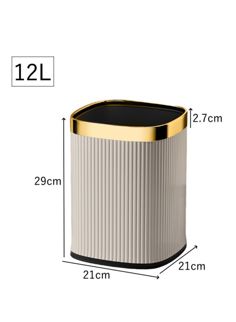 Home Trash Can, 12L Plastic Waste Bin with Leather Body Cover and Metal Circle, Square Kitchen Trash Bin Bathroom Wastebasket without Lid, for Home Office Kitchen and Dorm (Beige-Golden)  - Image 5