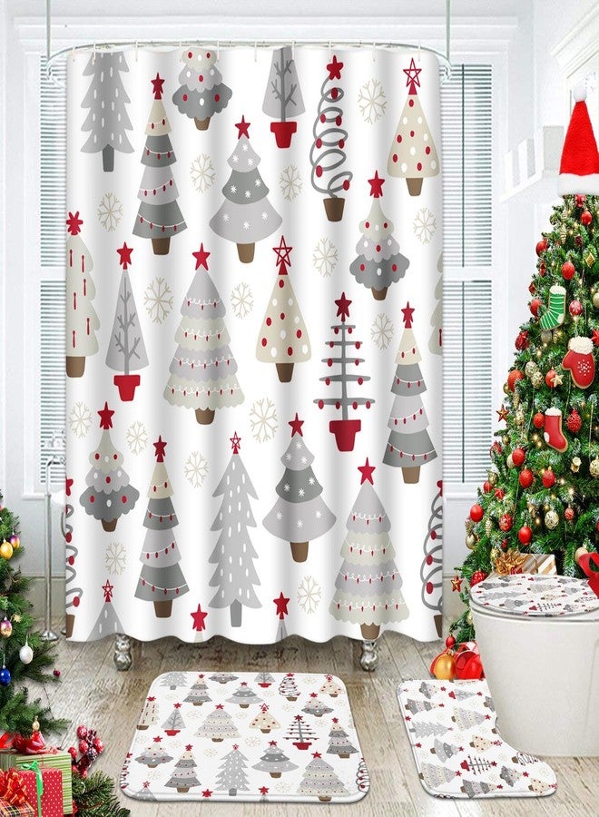 ArtSocket Tree Gray Red Christmas Bathroom Set with Shower Curtain and Rugs and Accessories, Winter, Pine Holiday Shower Curtains for Bathroom Decor 4 Pcs - Image 1