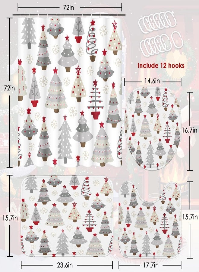 ArtSocket Tree Gray Red Christmas Bathroom Set with Shower Curtain and Rugs and Accessories, Winter, Pine Holiday Shower Curtains for Bathroom Decor 4 Pcs - Image 2