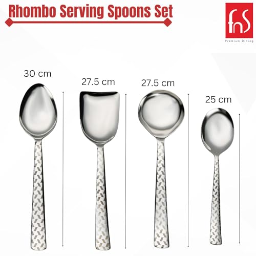 FnS Rhombo Premium Stainless Steel Laser Design on Handle - 4 Pcs Serving Spoon Set, 1 Serving Spoon, 1 Large Serving Spoon, 1 Gravy Ladle, 1 Rice Server, Elegant Design - Silver Finish - Image 4