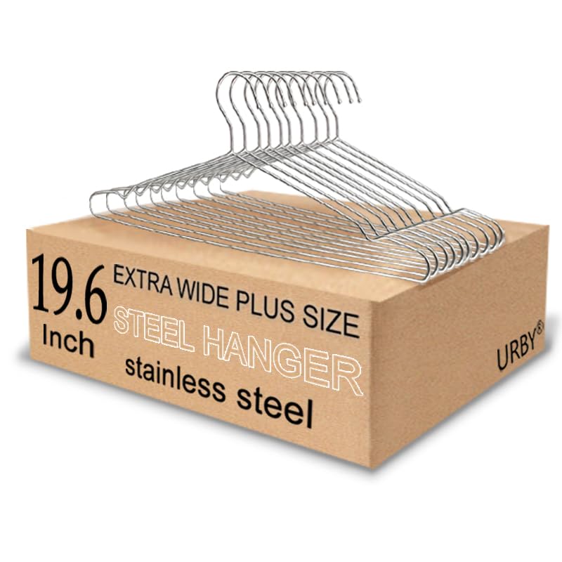 Urby Extra Wide Wire Hangers for Plus Size Clothes, 19.6 Inch Stainless Steel Plus Size Hangers Ideal for XL, XXL Shirts, Coats, Dresses, Etc. Silver. 10pk. - Image 1