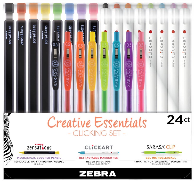 Zebra Pen Creative Essentials Clicking Set, Includes 8 Markers, 8 Colored Pencils and 8 Sarasa Clip Retractable Gel Pens, Assorted Ink Colors, 24-Pack (76124) - Image 1