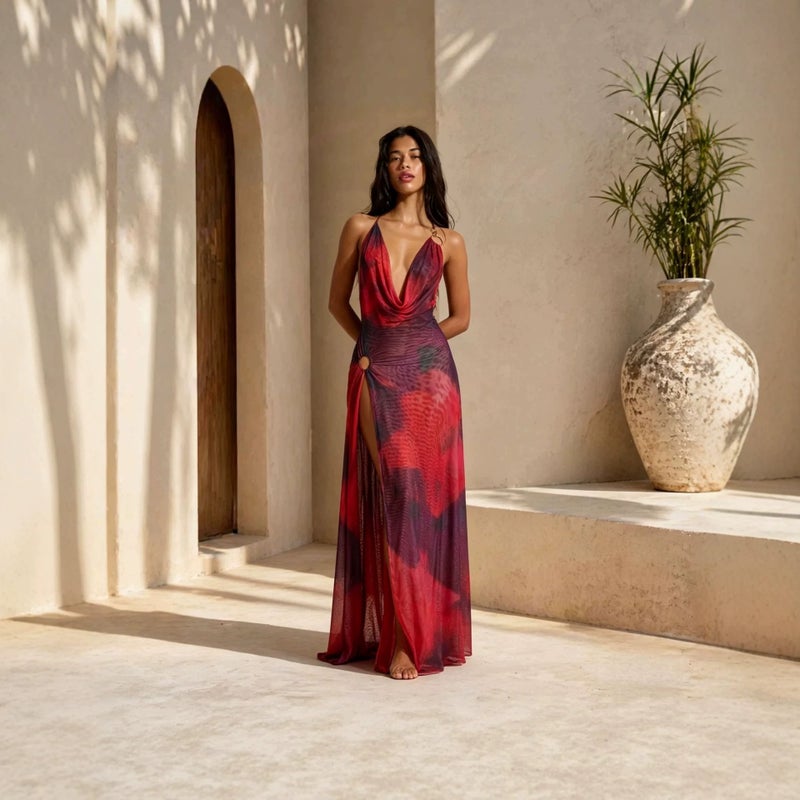 Yuehe Women's Printed Halter Backless Slit Maxi Dress - Image 4