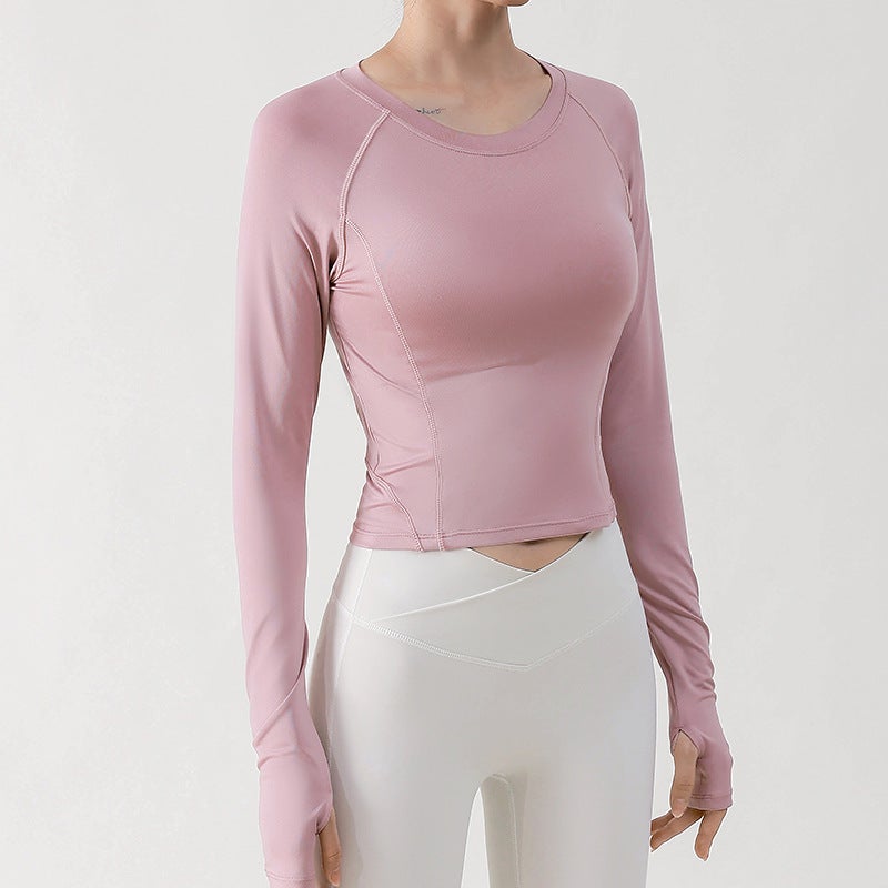 New autumn and winter long-sleeved blouse sportswear mesh stitching slim fitness clothes breathable top European and American yoga clothes for women 6047-pink  - Image 1