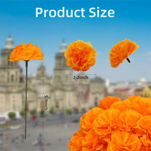 YGbridge Marigolds Artificial Flowers Fake Marigold Flowers Marigolds Orange Silk Flowers for Day of The Dead Decoration Diwali Decor Dia De Los Muertos Ofrenda Decor Orange 60Pcs - Image 3