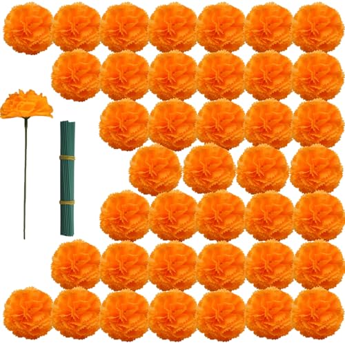 YGbridge Marigolds Artificial Flowers Fake Marigold Flowers Marigolds Orange Silk Flowers for Day of The Dead Decoration Diwali Decor Dia De Los Muertos Ofrenda Decor Orange 60Pcs - Image 1