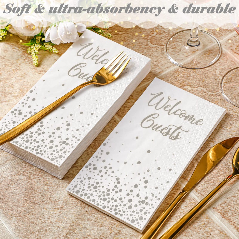 Hotop 200 Pcs Welcome Guests Napkins Disposable Hand Towels for Bathroom Wedding Napkins Elegant Guests Towels for Powder Room Holiday Anniversary Birthday Party Baby Bridal Shower Decorative Towel (Silver) - Image 4