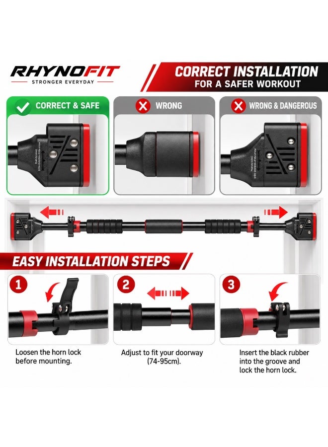 RHYNOFIT Pull Up Bar for Doorway, Upper Body Workout Bars, Width Adjustable Chin Up Bar-No Screw, Multi-Functional Suitable for Home Gym Fitness Exercises
Material: Q195 carbon steel, NBR foam cotton
74-95cm - Image 3