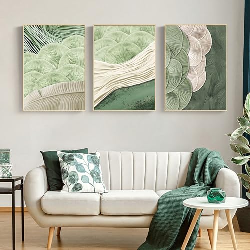 LOARTVE 3Pcs Abstract Green Wall Art Mid Century Texture Wall Decor Posters Pictures Modern Minimalist Sage Green Ginkgo Leaf Canvas Paintings Prints for Bedroom Living Room Decoration Unframed - Image 1