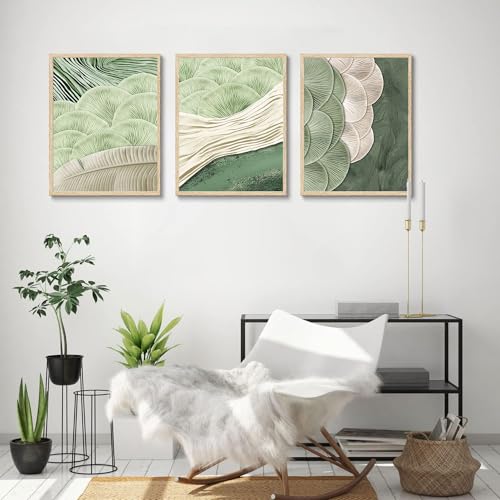 LOARTVE 3Pcs Abstract Green Wall Art Mid Century Texture Wall Decor Posters Pictures Modern Minimalist Sage Green Ginkgo Leaf Canvas Paintings Prints for Bedroom Living Room Decoration Unframed - Image 2