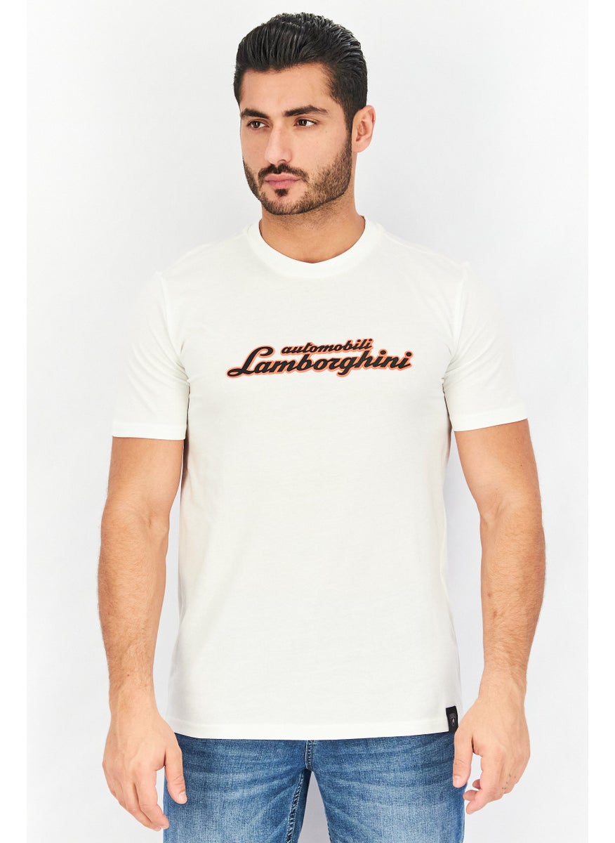 LAMBORGHINI Men Crew Neck Short Sleeve Brand Logo T-Shirt, White  - Image 1