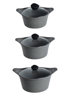 PROCILA 9-Piece Aluminum Cookware Set Grey With Tempered Glass Lid, Non-Stick & Granite Coating; Casserole Sizes 20,24,28CM; Frypan Size 24CM; 2PCS Silicone Handles  - Image 2