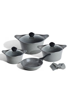 PROCILA 9-Piece Aluminum Cookware Set Grey With Tempered Glass Lid, Non-Stick & Granite Coating; Casserole Sizes 20,24,28CM; Frypan Size 24CM; 2PCS Silicone Handles  - Image 1