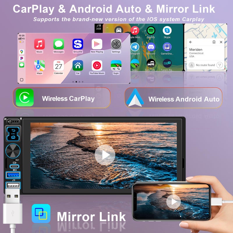 Oeretzrac Single DIN Car Stereo Radio with Wireless Apple CarPlay & Android Auto, 6.9" IPS 1280x600 Touchscreen, Bluetooth 5.2, FM Radio, Backup Camera, 1 DIN Head Unit, 180W Subwoofer Out, Type-C Fast Charging - Image 2