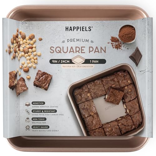HAPPIELS Nonstick 9x9 Baking Pan  PFOA  BPA Free Non Toxic 9 x 9 Inch Cake  Brownie Pan  Best Nontoxic Square 9x9 inches Pans for Baking  Non Stick Carbon Steel Gold Baking Ware