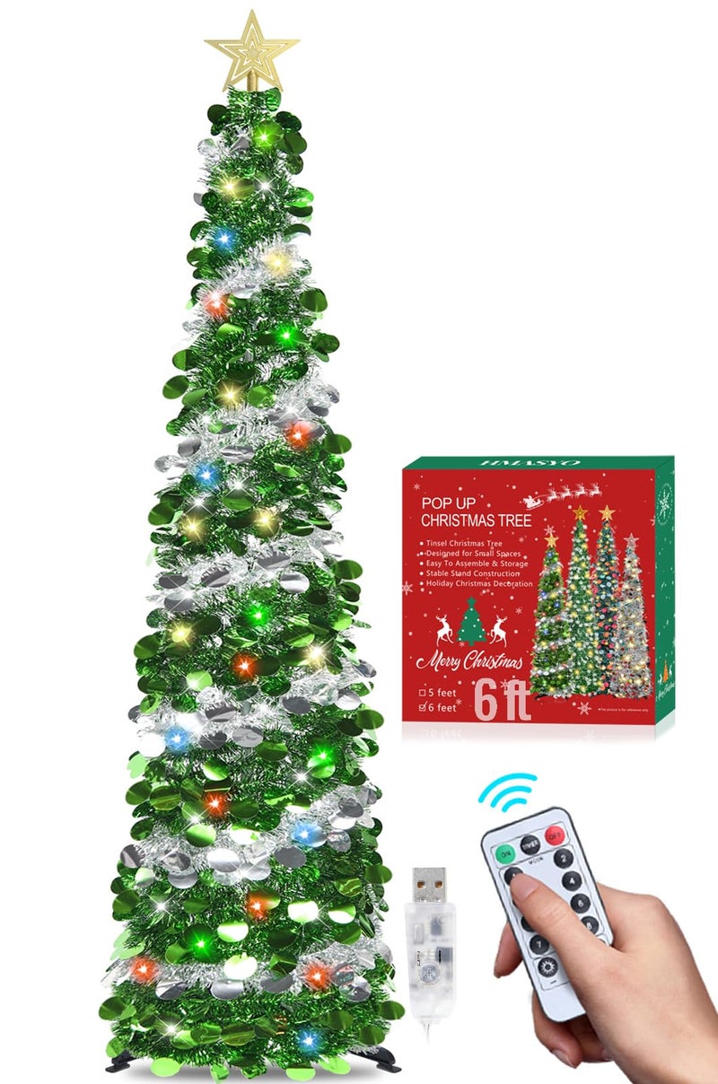 HMASYO 6 FT Pop Up Tinsel Christmas Tree with 100 Colored Timer Lights Remote Green Silver Collapsible Artificial Pencil Tree Xmas Decoration for Home Office Party USB Powered Easy Assembly - Image 2