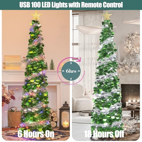 HMASYO 6 FT Pop Up Tinsel Christmas Tree with 100 Colored Timer Lights Remote Green Silver Collapsible Artificial Pencil Tree Xmas Decoration for Home Office Party USB Powered Easy Assembly - Image 3