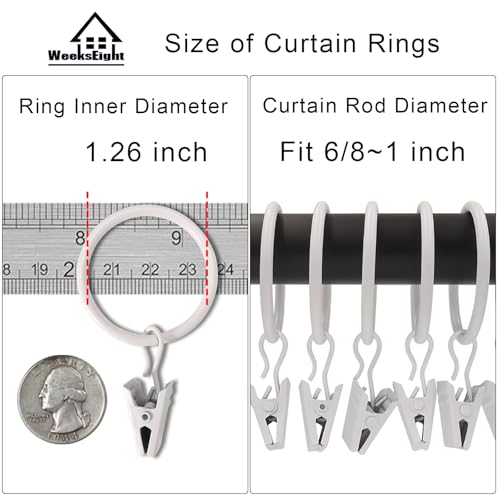 WeeksEight 40 Pack White Curtain Rings with Clips, Curtain Hooks Hangers Clip Rings for Hanging Drapes Bows Hat, Drapery Rings 1.26 in I D, Fits up to 1 in Diameter Curtain Rod. - Image 3