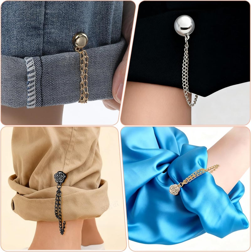 4 Pack attached clips for clothing with attached buttons for shirt with chain to secure t-shirt, shorten, hijab hem, hats, scarves, clothing, long pants, legs, sleeves - Image 4