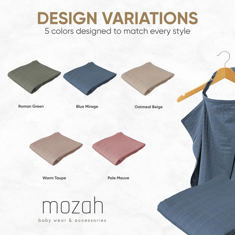 MOZAH غطاء رضاعة موسى 100% قطن عضوي للرضاعة الطبيعية، غطاء رضاعة 100% قطن قابل للتنفس مع حلقة صلبة لمريلة الأم، غطاء مقعد السيارة متعدد الاستخدامات (سراب أزرق) - Image 5