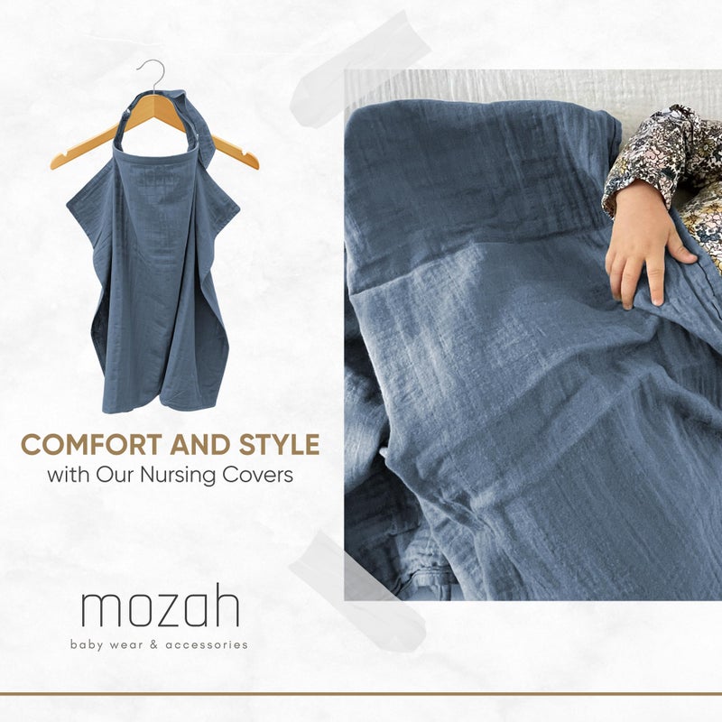 MOZAH غطاء رضاعة موسى 100% قطن عضوي للرضاعة الطبيعية، غطاء رضاعة 100% قطن قابل للتنفس مع حلقة صلبة لمريلة الأم، غطاء مقعد السيارة متعدد الاستخدامات (سراب أزرق) - Image 3