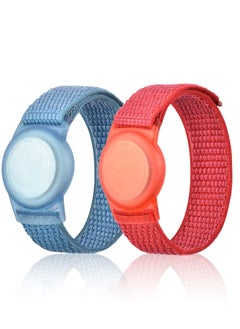 KASTWAVE 2 Piece AirTag Kids Wristband with Adjustable Nylon Strap GPS Tracker Holder Protector Breathable Anti-Loss Bracelet for Toddler Child Elderly (Blue, Red)  - Image 1
