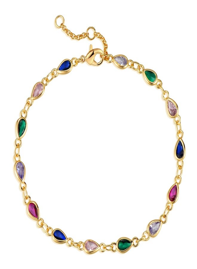 MEVECCO Gold Multi Color Teardrop Bracelet,14K Gold Plated Multicolor CZ Chain Bracelets Dainty Minimalist Handmade Link Bracelet for Women - Image 1