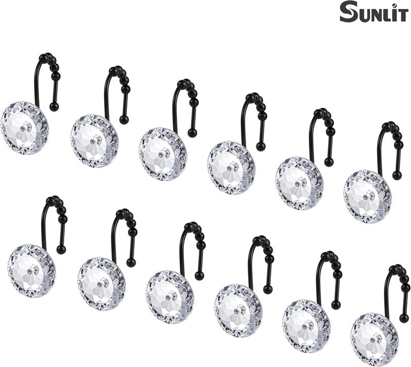 Sunlit Luxury Design Round Clear Diamond Crystal Gem Bling with Glide Balls Shower Curtain Hooks with Black Hooks, Rust Proof Metal Rhinestones Glam Shower Curtain Rings, Set of 12 - Image 3
