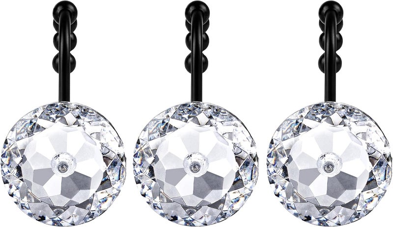 Sunlit Luxury Design Round Clear Diamond Crystal Gem Bling with Glide Balls Shower Curtain Hooks with Black Hooks, Rust Proof Metal Rhinestones Glam Shower Curtain Rings, Set of 12 - Image 2