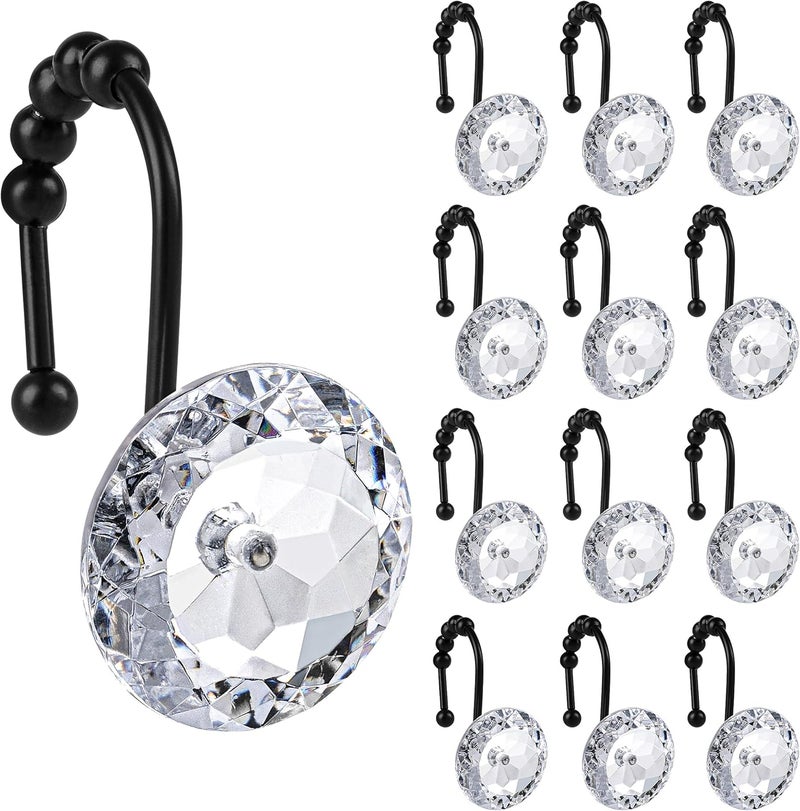 Sunlit Luxury Design Round Clear Diamond Crystal Gem Bling with Glide Balls Shower Curtain Hooks with Black Hooks, Rust Proof Metal Rhinestones Glam Shower Curtain Rings, Set of 12 - Image 1