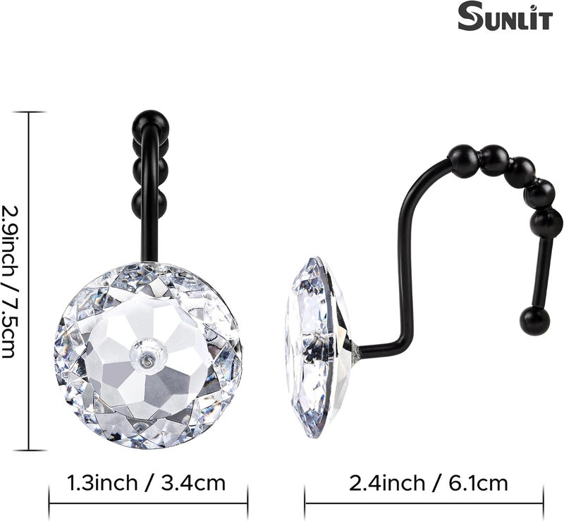 Sunlit Luxury Design Round Clear Diamond Crystal Gem Bling with Glide Balls Shower Curtain Hooks with Black Hooks, Rust Proof Metal Rhinestones Glam Shower Curtain Rings, Set of 12 - Image 4