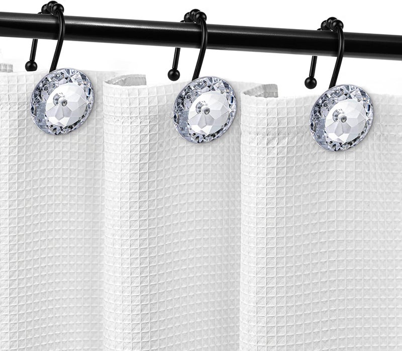 Sunlit Luxury Design Round Clear Diamond Crystal Gem Bling with Glide Balls Shower Curtain Hooks with Black Hooks, Rust Proof Metal Rhinestones Glam Shower Curtain Rings, Set of 12 - Image 5