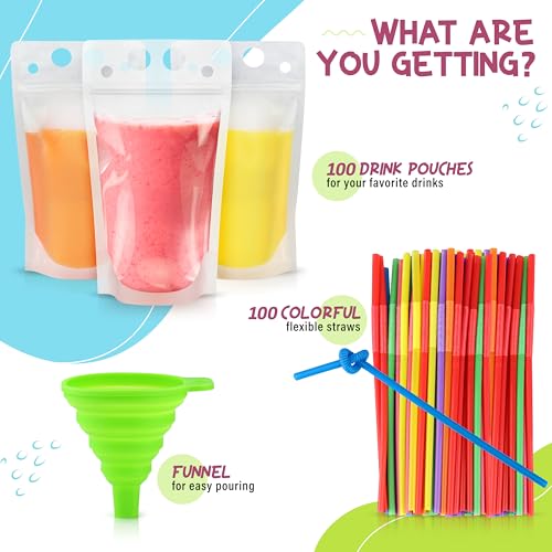 Frozip 50pcs 16oz Drink Pouches for Adults - Drink Pouches with Straws x50 & Funnel - Resealable Smoothie Pouches & Clear Juice Pouches for Adults - Drink Bag Plastic Pouches for Drinks with Straws - Image 4