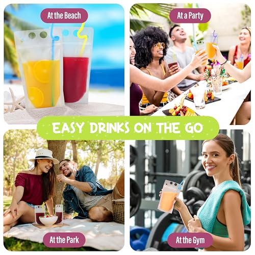 Frozip 50pcs 16oz Drink Pouches for Adults - Drink Pouches with Straws x50 & Funnel - Resealable Smoothie Pouches & Clear Juice Pouches for Adults - Drink Bag Plastic Pouches for Drinks with Straws - Image 2