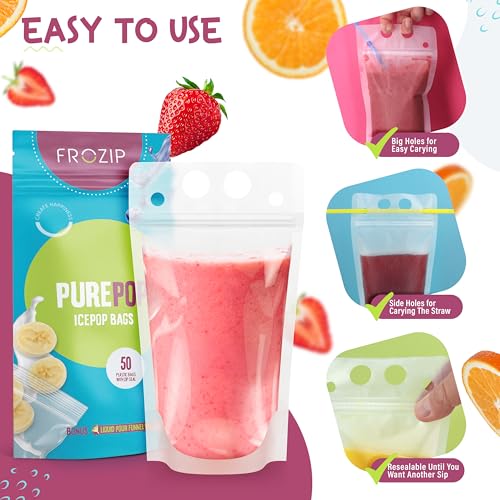 Frozip 50pcs 16oz Drink Pouches for Adults - Drink Pouches with Straws x50 & Funnel - Resealable Smoothie Pouches & Clear Juice Pouches for Adults - Drink Bag Plastic Pouches for Drinks with Straws - Image 3