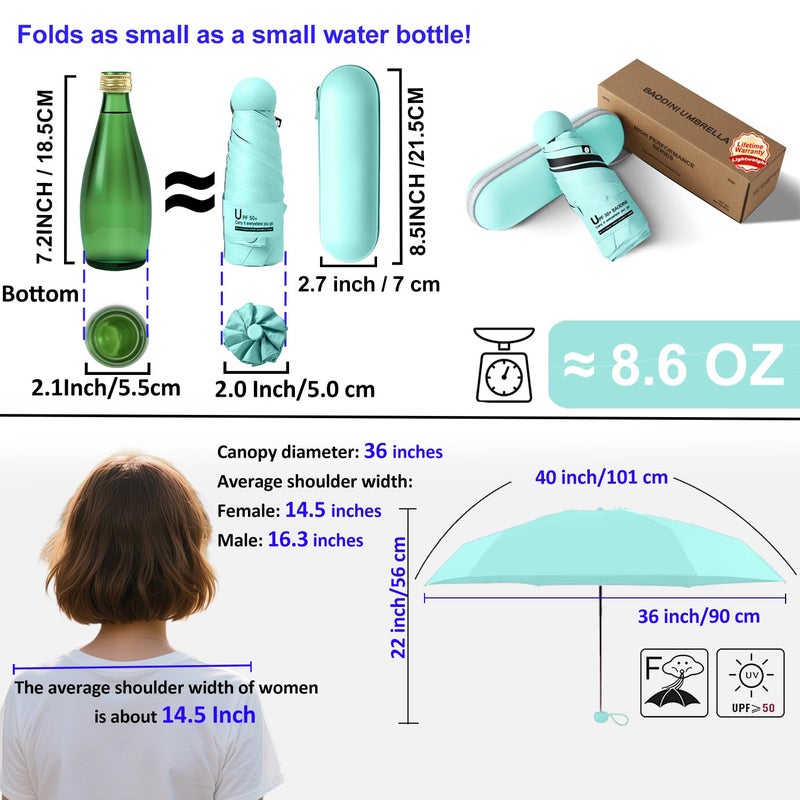 BAODINI Travel Essentials Mini Umbrella for Purse With Case Small Compact UV Sun Protection Lightweight Tiny Pocket Manual Open Close Umbrella for Women Kids and Men Fits Purse Backpack - Image 4