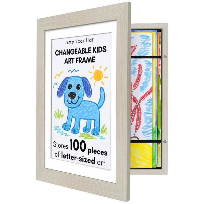 Americanflat Kids Artwork Frame Changeable Light Wood  Magnetic Door Holds 100 Art Pieces  85x11 Letter Size Display with Mat or 10x125 Without Mat  My Mini Masterpiece