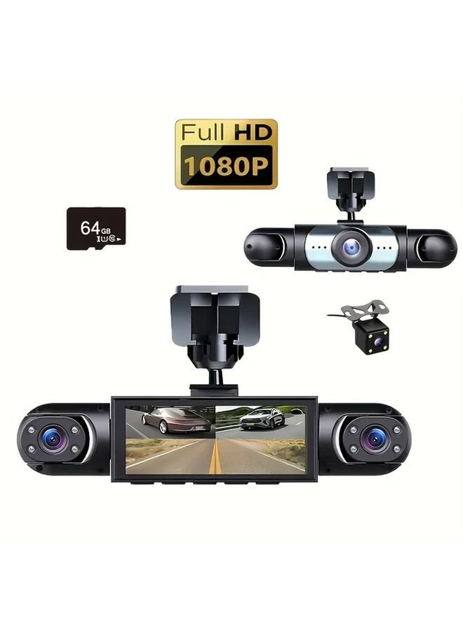Y110A كاميرا سيارة بقناة 4 بزاوية 360 درجة أمامية بدقة 1080P وخلفية يمنى ويسرى بدقة 720P مع بطاقة 64 جيجابايت - Image 1