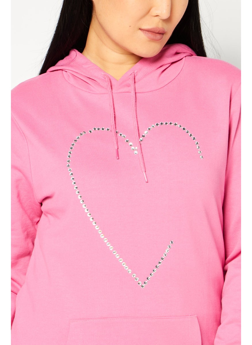 Love Moschino - Women Hooded Neck Rhinestone Sweatshirt, Pink - Image 1