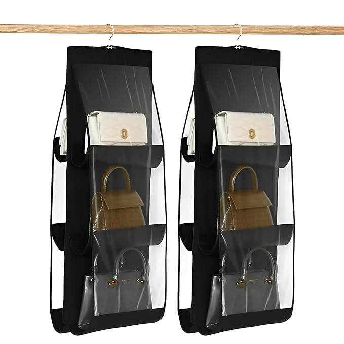 Coolkart 2 Pcs 6 Pockets Hanging Purse Handbag Organizer Clear Bag Storage Holder Purse Bag Wardrobe Space Saving Organizers Black - Image 1