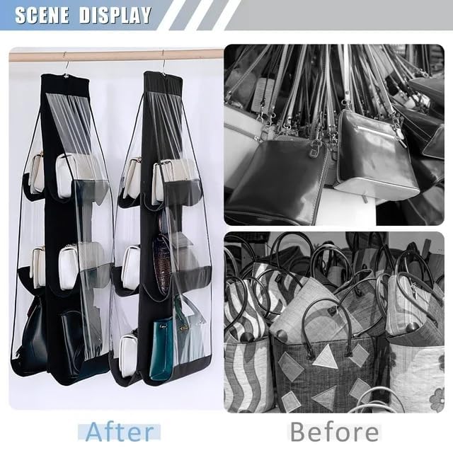 Coolkart 2 Pcs 6 Pockets Hanging Purse Handbag Organizer Clear Bag Storage Holder Purse Bag Wardrobe Space Saving Organizers Black - Image 3