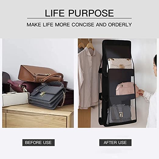 Coolkart 2 Pcs 6 Pockets Hanging Purse Handbag Organizer Clear Bag Storage Holder Purse Bag Wardrobe Space Saving Organizers Black - Image 4