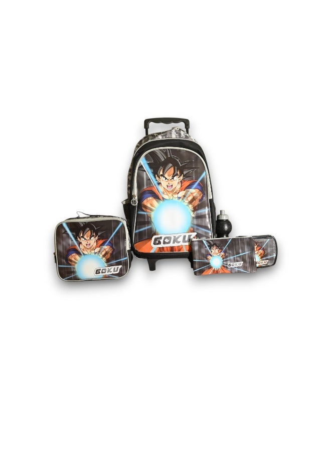 دراجون بول زد حقيبة سفر بعجلات مقاس 18 بوصة، حقيبة غداء، حافظة أقلام، زجاجة مياه، صندوق غداء - Image 1