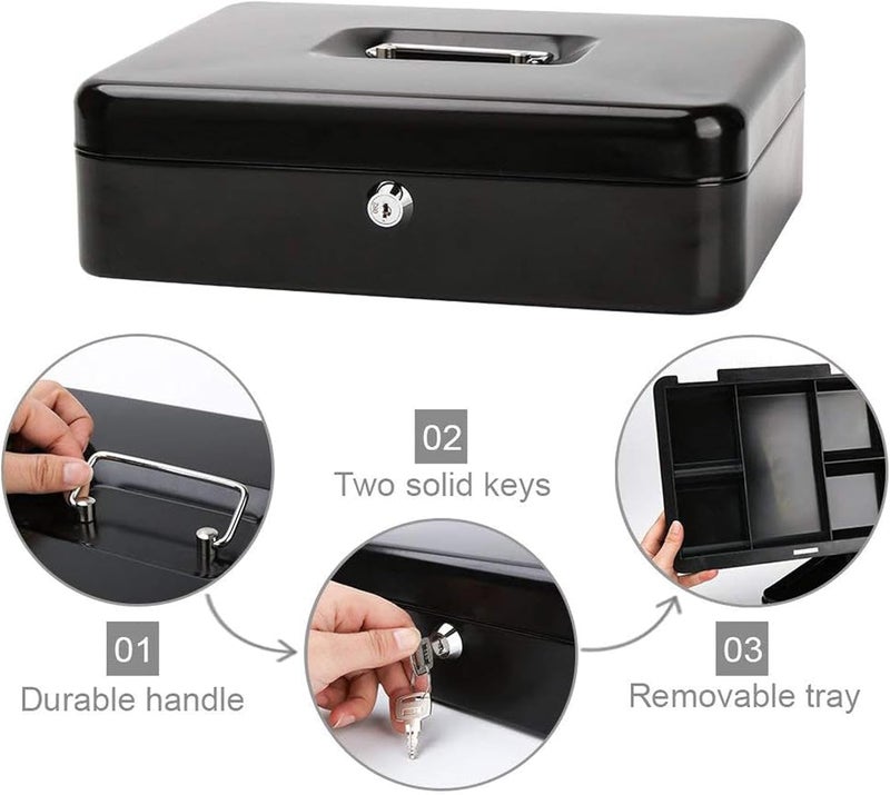 MAX-EMA GLOBAL MaxEMA Metal Cash Box With Lock & Keys Black  25x20x9cm Steel Register With Tray Durable Portable Money Box Safe For Bills Jewelry Organizer  Coins Phones Travel Lock Safe Box Piggy Bank Locker - Image 4