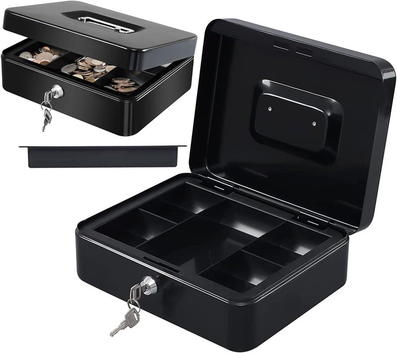 MAX-EMA GLOBAL MaxEMA Metal Cash Box With Lock & Keys Black  25x20x9cm Steel Register With Tray Durable Portable Money Box Safe For Bills Jewelry Organizer  Coins Phones Travel Lock Safe Box Piggy Bank Locker - Image 1