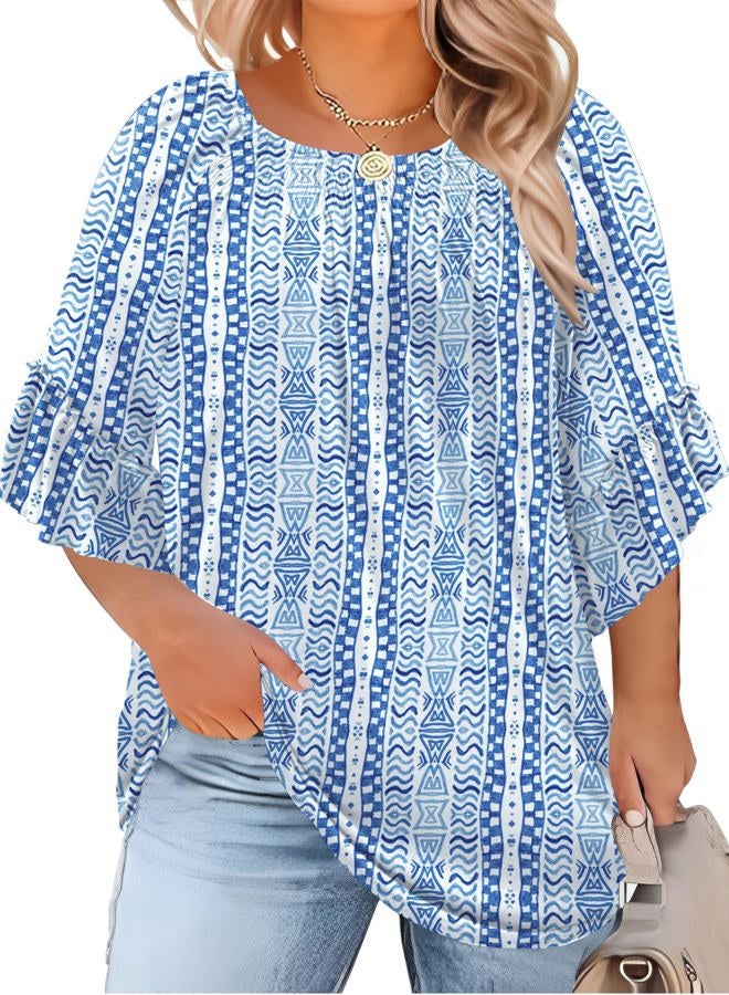 Micoson Womens Plus Size Tops 3/4 Ruffle Sleeve Shirts Crewneck Pleated Blouses Dressy Casual Fashion Tunic Top (1X-5X), Blue Ethnic Print, 3XL - Image 1